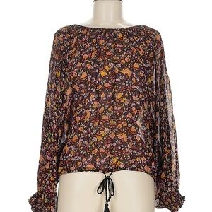 Anthropologie Brown Floral Long-Sleeve Tie-Hem Blouse